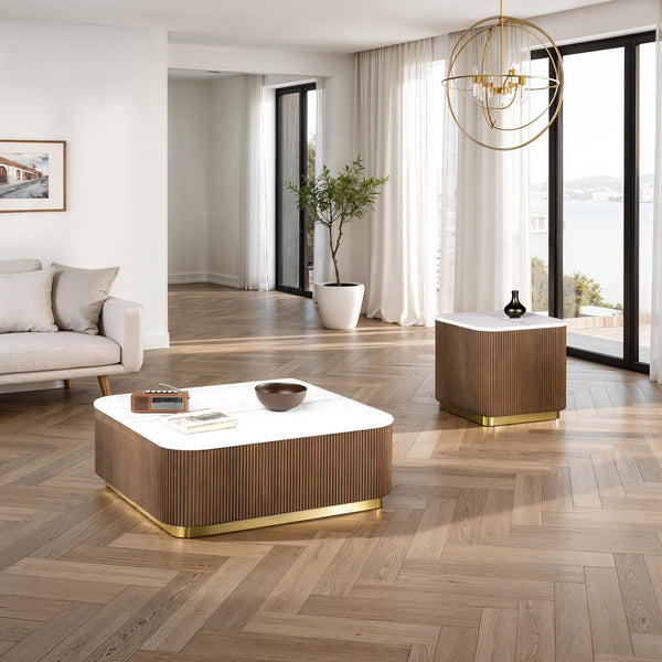 English Elm Living Room 3 Piece Marble Top Table Set with Gold Steel Accents and Plinth Bases B2741S00906