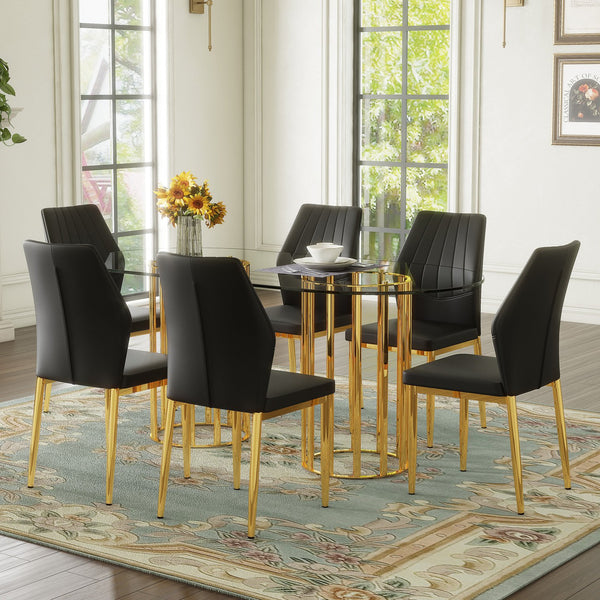 English Elm Table and Chair Set Oval Tempered Glass Top with Gold Base Glam Dining Room 7 Piece Black+Gold,Transparent W1151S04726