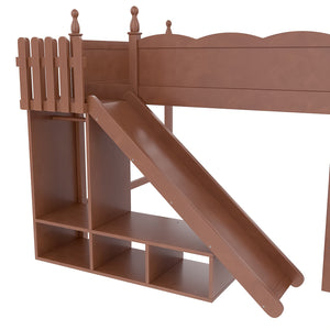 English Elm Twin Loft Bed Solid Pine Frame with Wardrobe Shelving Detachable Slide Kids Room Antique Natural W5305S00025