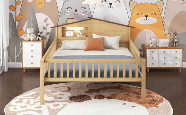 English Elm Full Full Size Wood Platform Bed with House Headboard, LED Lights & Built-In Storage, Natural Finish N709P184430M