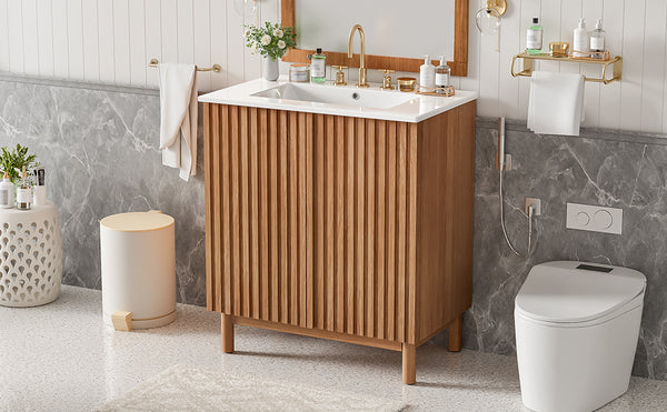 English Elm 29.9-inch Transitional Bathroom Vanity with Ceramic Sink Soft-close Doors Wood Legs N729P339777O