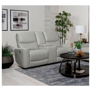 English Elm Denson Dove Grey Power Reclining Loveseat with Console, Cup Holders & Easy-Care Leatherette Comfort B062P353261