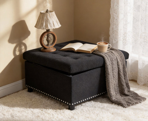 English Elm Storage Ottoman Tufted Nailhead Trim Lift Top Footstool for Living Room or Bedroom Black W5568P447086