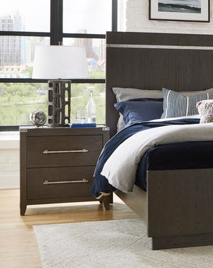 English Elm Dark Brown Bellamy Nightstand with 2 Drawers, Ash Veneer Finish and Mottled Silver Bar Pulls — Modern Transitional Bedroom B011P212249