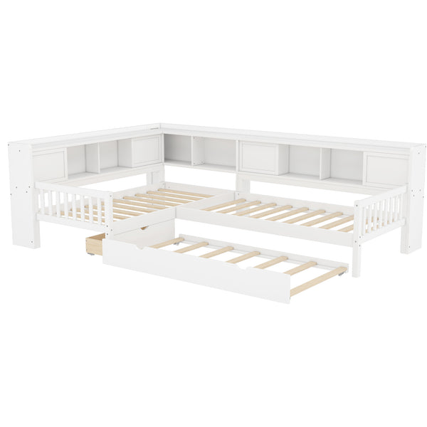 English Elm L-shaped Twin Platform Bed with Trundle, Solid Wood Corner Sleeper with Drawers, Shelves, No Box Spring Needed White W1580S00259