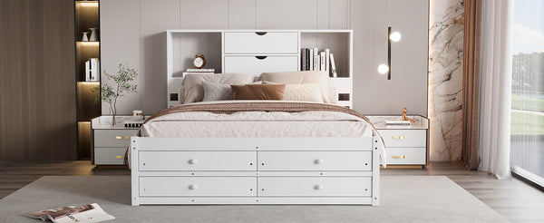 English Elm Queen Platform Bed with Built-In Headboard Storage and 8 Drawers, Solid Wood MDF, Sturdy Design White GX000453AAK