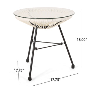 English Elm Christopher Knight Home® - NUSA Side Table with Tempered Glass Top and Handcrafted Rattan Base — Modern Outdoor Accent Table White 66627.00WHI
