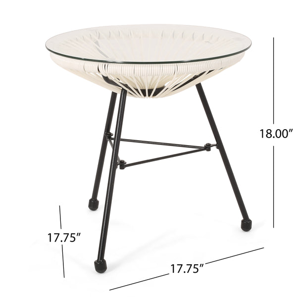 English Elm Christopher Knight Home® - NUSA Side Table with Tempered Glass Top and Handcrafted Rattan Base — Modern Outdoor Accent Table White 66627.00WHI