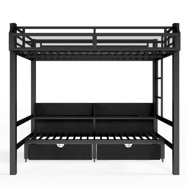 English Elm Twin Over Metal Bunk Bed with Led Lights Usb Ports Drawers and Sofa Conversion W5305S00002
