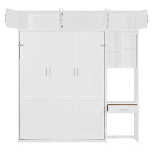 English Elm Queen Murphy Bed with Integrated Desk Cabinet Shelves Space Saving Studio Solution White N708S00021K-1