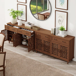 English Elm 4 Door Sideboard Buffet with Hand Carved Geometric Panels Black Oak Finish Raised Legs W688P359947