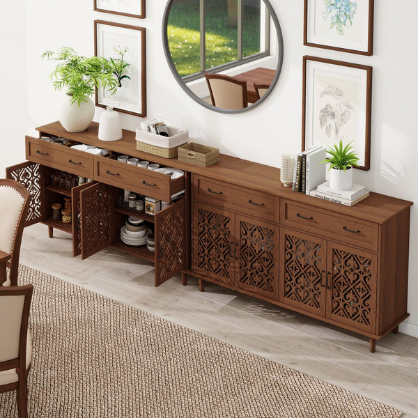 English Elm 4 Door Sideboard Buffet with Hand Carved Geometric Panels Black Oak Finish Raised Legs W688P359947
