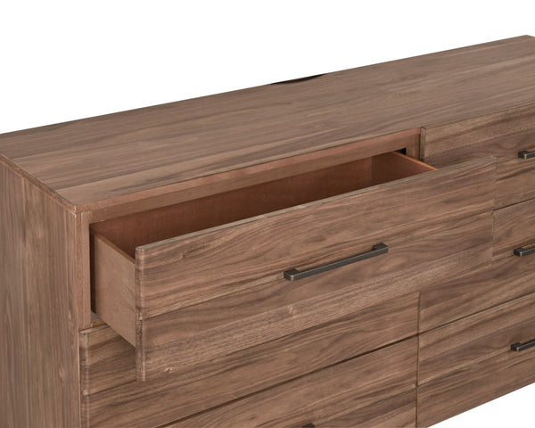 English Elm Tranquility Six Drawer Walnut Veneer Dresser with Tapered Legs and Bronze Hardware B108P411443