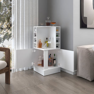 English Elm FM Corner Bar Cabinet with 8-Bottle Rack, Open Display Shelves and Hidden Storage for Home Entertaining White 47.2 L x 23.2 W x 4.7 H B128P269879