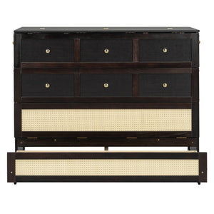 English Elm Full Size Murphy Wall Bed Cabinet with Rattan Panel Detailing and Storage Drawers Espresso N708P336203P