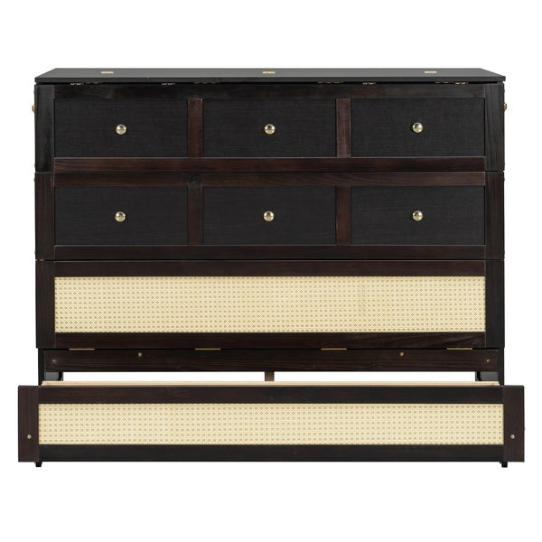 English Elm Full Size Murphy Wall Bed Cabinet with Rattan Panel Detailing and Storage Drawers Espresso N708P336203P