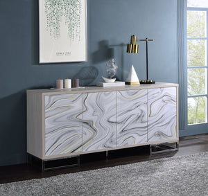 English Elm Panos White Marble Paint Console Cabinet with Chrome Finish, 4 Spacious Shelves, Modern Entryway Storage B2726P245877