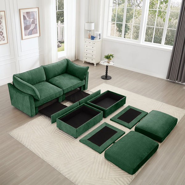 English Elm 2 Seater Sofa With Movable Ottomans & Hidden Storage Drawers, Elegant Chenille Green Design W3041S00184