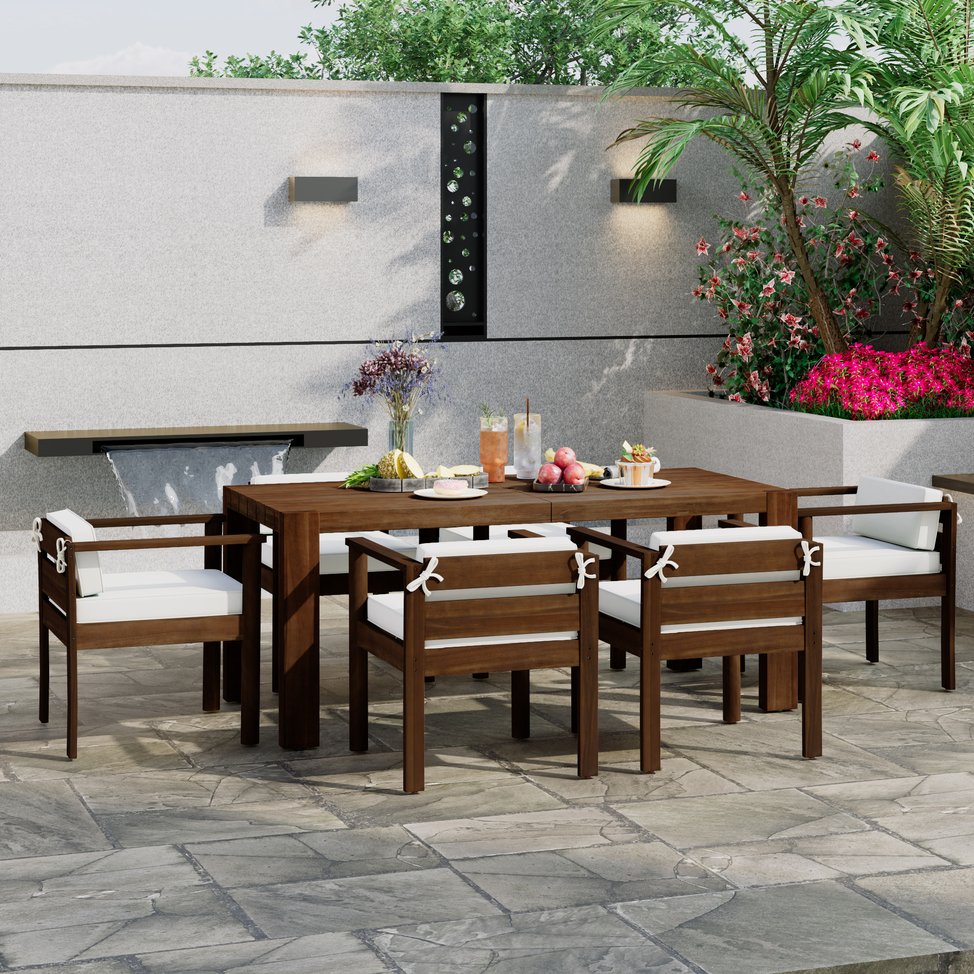 English Elm Trexm Acacia Wood Outdoor Dining Set Seats Six with Washable Cushions Umbrella Ready Beige,Mocha TM000022AAP