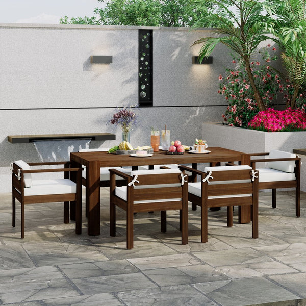 English Elm Trexm Acacia Wood Outdoor Dining Set Seats Six with Washable Cushions Umbrella Ready Beige,Mocha TM000022AAP