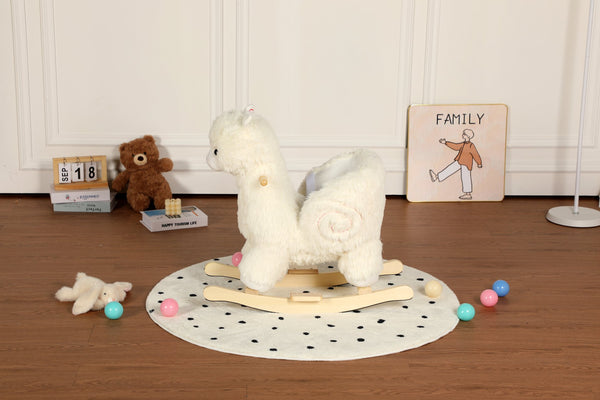 English Elm Kids Alpaca Plush Rocking Toy with Lullaby Sounds Jingle Bells and Safety Belt W3723P374144