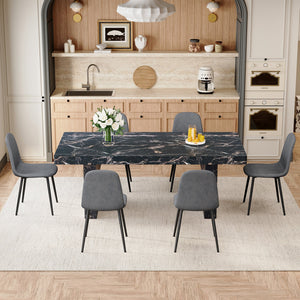 English Elm Table and Chair Set 7 Piece Marble Pattern Mdf Top with Linen Dining Seats Black,Dark Gray W1151S03917