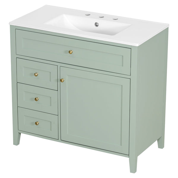 English Elm 36-Inch Green Bathroom Vanity With Sink - Modern Mdf & Rubberwood Freestanding Storage Solution N725P350821F