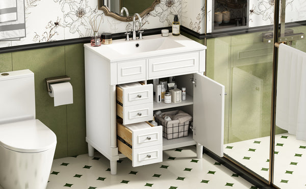 English Elm 30" Bathroom Vanity with Sink — Freestanding Modern Cabinet with Soft-Close Door, 2 Deep Drawers, Durable Basin White N710P288938K