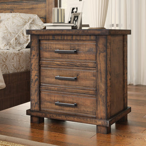 English Elm Rustic Reclaimed Pine Three Drawer Nightstand with Wrought Iron Pulls Farmhouse Bedroom N701P455591D