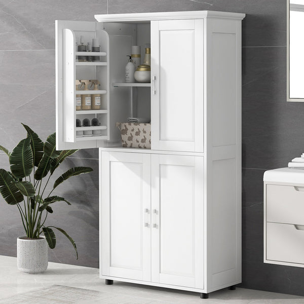 English Elm Tall White Bathroom Storage Cabinet - 4-Door Freestanding MDF Unit, Adjustable Shelves, Slim 61.8" x 18.3" x 7.5" WF323345AAK