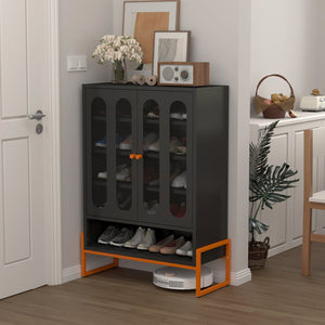 English Elm Modern Entryway Shoe Cabinet with Butterfly Doors Ventilated Shelves Steel Handle W1247P257580