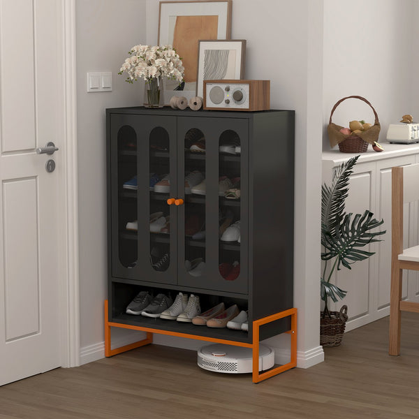 English Elm Modern Entryway Shoe Cabinet with Butterfly Doors Ventilated Shelves Steel Handle W1247P257580
