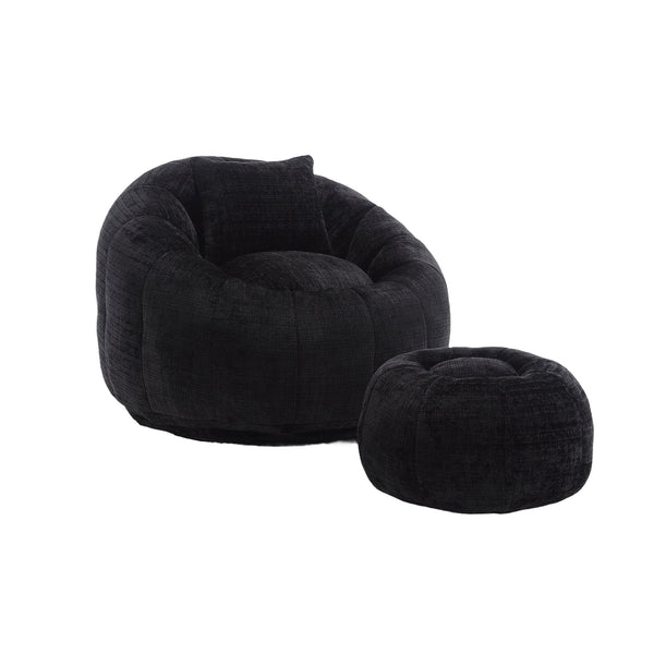 English Elm UNITED Cloud-Luxe Chenille Memory Foam Bean Bag Chair with Ottoman and Pillow for Ultimate Comfort Black W1568P361690
