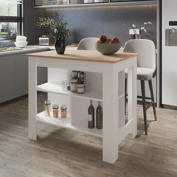English Elm Light Pine and White Kitchen Island with Open Storage Shelves, Modern Beige & Black Finish, 40.5" Wide B062P252193