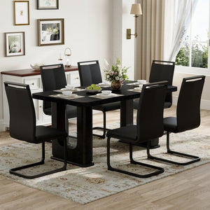 English Elm Table 7-Piece Dining Set: Stylish Black Wood & Glass Finish With 6 Comfortable Pu Chairs & Arched Legs W1151S04305-GIGA
