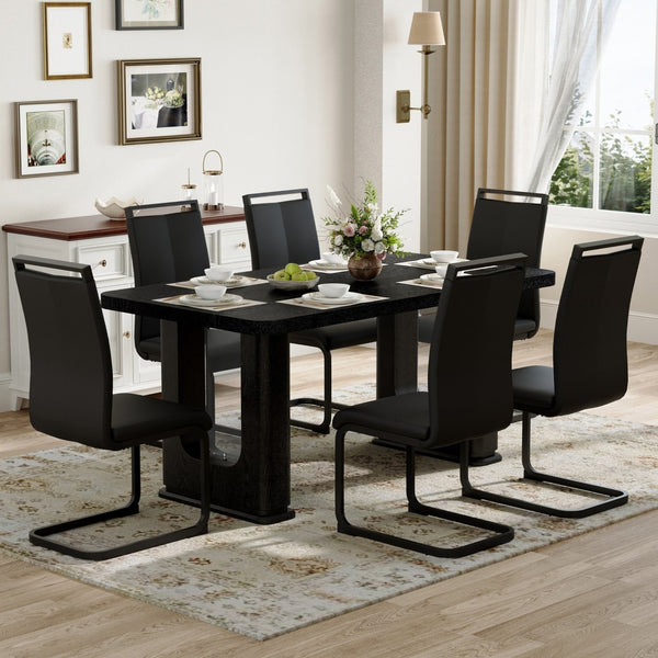 English Elm Table 7-Piece Dining Set: Stylish Black Wood & Glass Finish With 6 Comfortable Pu Chairs & Arched Legs W1151S04305-GIGA