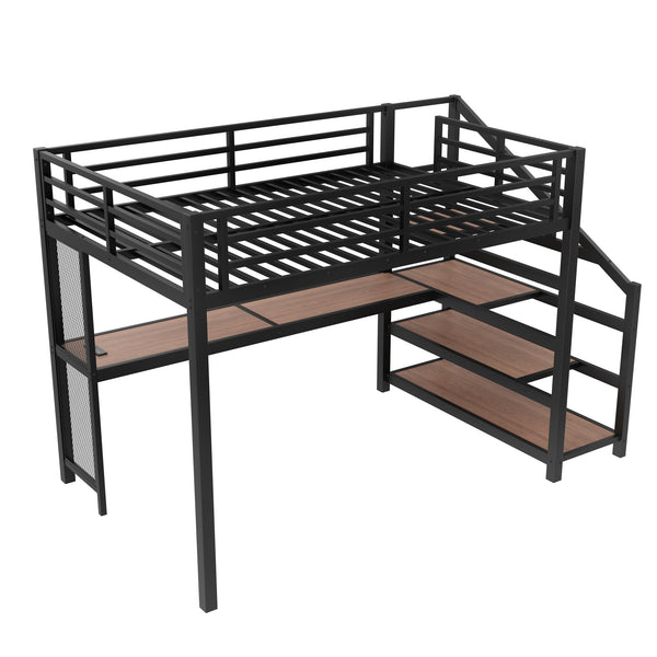 English Elm Full Loft Bed With Integrated Desk, Storage Stairs, Led Lights & Usb Ports For Modern Spaces W1580S00478