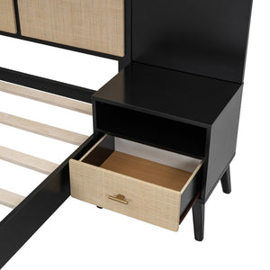 English Elm Queen Solid Wood Bed Frame With 2 Nightstands, Rattan Accents, Built-In Lamps For Cozy Bedrooms N820S00019AAB-GIGA