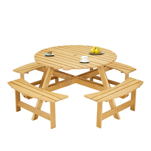 English Elm 8-person Round Natural Wood Picnic Table with Built-in Benches and Umbrella Opening W1758P292490