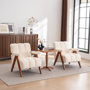 English Elm Mid-century Modern Chenille Lounge Chair Set Oak Frame Cloud Silhouette Living Room Beige W1170S00052