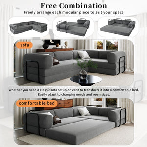 English Elm U_style Modular Corduroy Sectional Sofa Converts to Guest Bed for Apartment Living Grey WY000463AAE