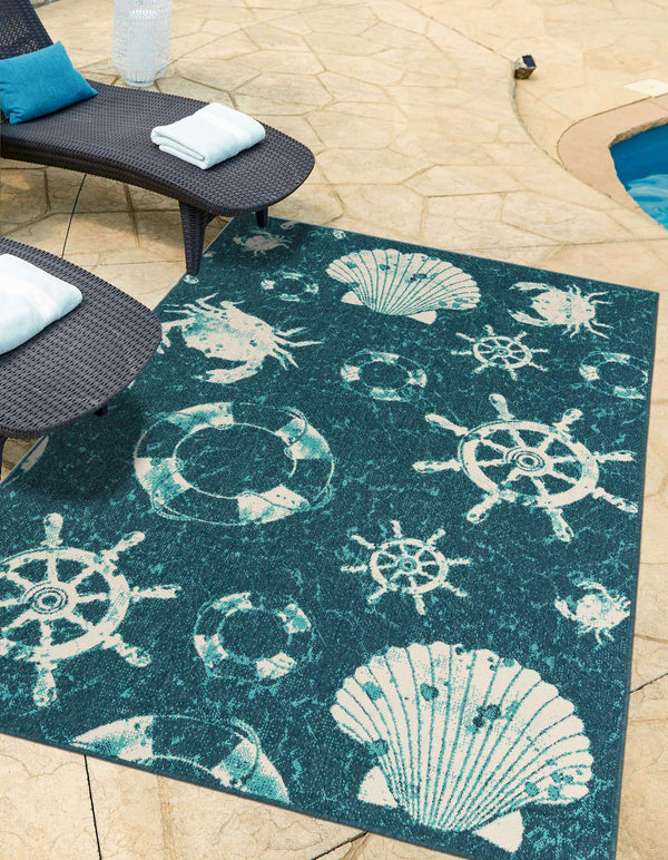 Unique Loom Outdoor Coastal Marmaris Machine Made Solid Print Rug Navy Blue,  5' 3" x 8' 0"