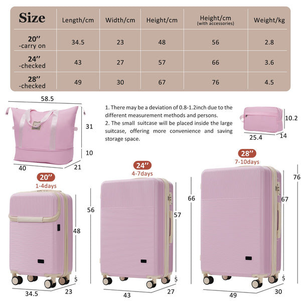 English Elm Luggage 5 Piece Hardside Abs Set with Front Access Carry on and Tsa Spinner Wheels Light Pink N732P391579U