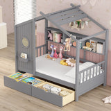 English Elm Wooden Twin Size House Bed With 2 Drawers,Kids Bed With Storage Shelf, Gray