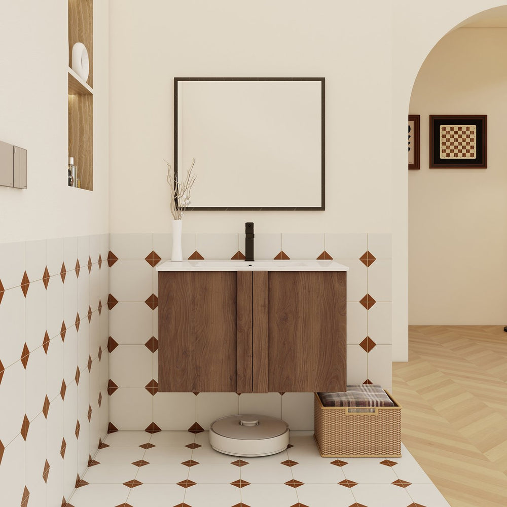 English Elm 30" Floating Bathroom Vanity Dark Oak Cabinet Ceramic Sink Open Shelf Soft Close Brown Ebony,Glossy White W3450P435839