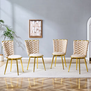 English Elm Set of 2 Velvet Dining Chairs with Braided Rope Backs and Glamorous Metal Legs Beige W3875P399190