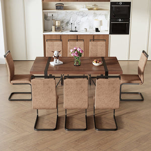 English Elm Table Set – Industrial Walnut Dining Table With 8 Brown Tech Fabric Chairs & Black Metal Legs, 71"X39" W1151S02440-GIGA