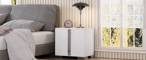 English Elm Modern Two Drawer Nightstand with Slim Metal Legs and Mirrored Bar Handles for Bedroom White W5271P416538