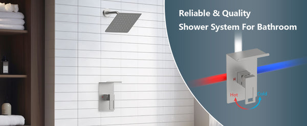 English Elm Shower 8" Square Rain Head Faucet Set with Single-Handle Mixer, 15" Arm, Rack Storage & Detachable Trim (Modern) Brushed Nickel T3177P269411