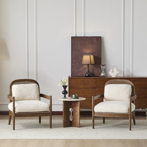 English Elm [set of 2] Mid-century Rattan Back Armchairs Solid Wood Legs Beige Upholstered Seat N767P298390L
